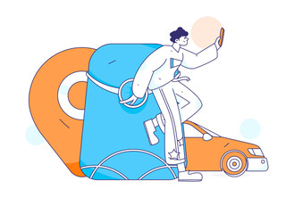 Flat vector concept operation hand drawn illustration of people taking a taxi
