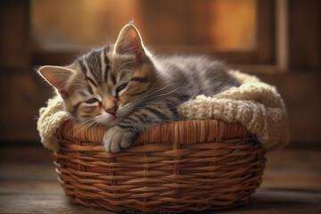 Close up of an adorably cute ginger cat with a tail curled up into a basket in the background of a modern house. Animal concept of relaxing and rest.