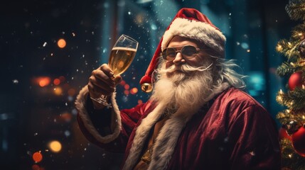 santa claus is holding a glass of champagne - obrazy, fototapety, plakaty