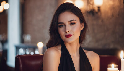 Beautiful brunette woman on a date in a restaurant with negative space