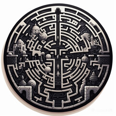 Black and white grunge geometric tribal labyrinth. Surreal style.