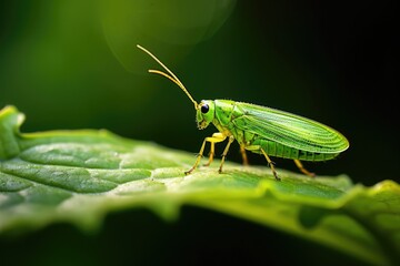 close view of insect on plant leaf and natural green background (AI Generator)