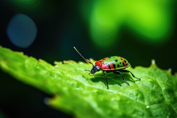 close view of insect on plant leaf and natural green background (AI Generator)