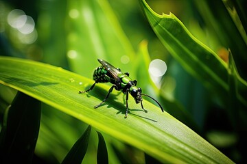 close view of insect on plant leaf and natural green background (AI Generator)