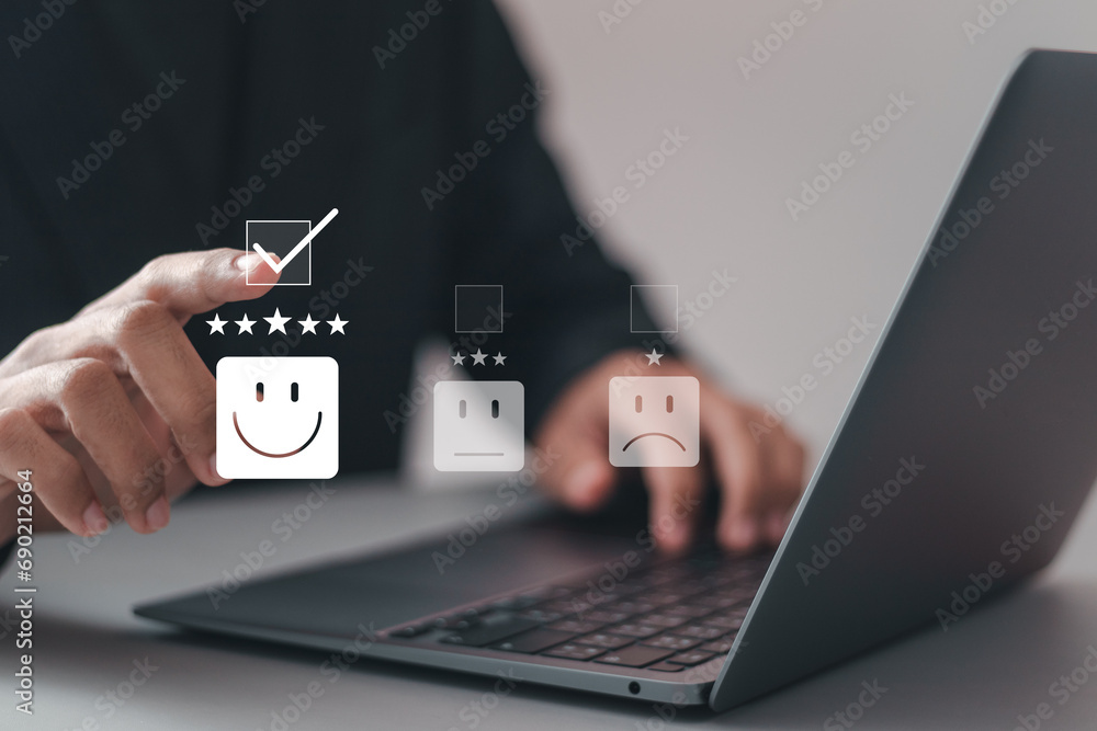 Poster customer satisfaction service concept. businessmen rate satisfaction by smiling face with 5 stars. s