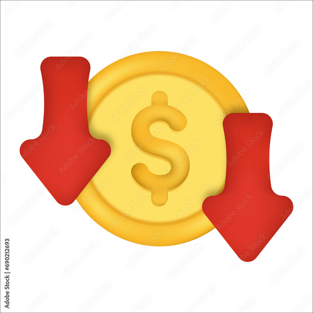 Poster gold coins with down arrow. red falling down stock arrow icon. gold coin with red arrow pointing dow