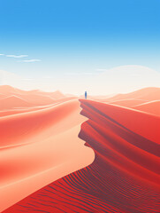 An illustration of a person walking on a red and blue desert background