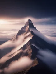 Deurstickers illustrazione di cime montuose, picchi che emergono da una coltre di nubi e nebbie nella luce dell'alba - Generative AI © divgradcurl