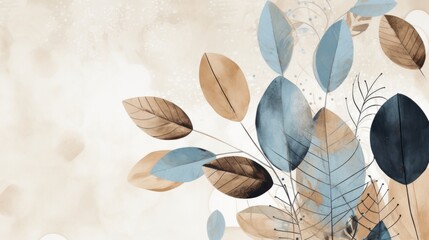 Bohemian minimalistic leaves illustration, mixed Media, circles in the background, pastel colors. Floral illustration