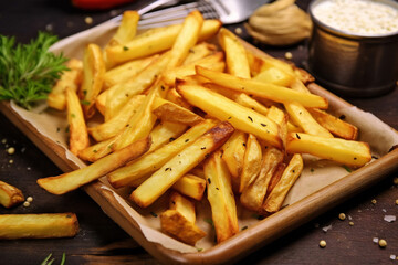 Homemade French fries. Crispy golden French fries. Delicious French fries in a metal dish