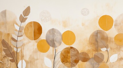 Bohemian minimalistic leaves illustration, mixed Media, circles in the background, pastel colors. Floral illustration