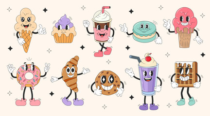 Set retro cartoon characters. Sweets in groovy style. Modern illustration with cute comics characters. 60 -70s vibes sticker set. 