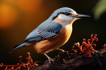 bird photography, a nuthatch climbing down on a tree, soft natural morning light, soft background with bokeh (AI Generator)