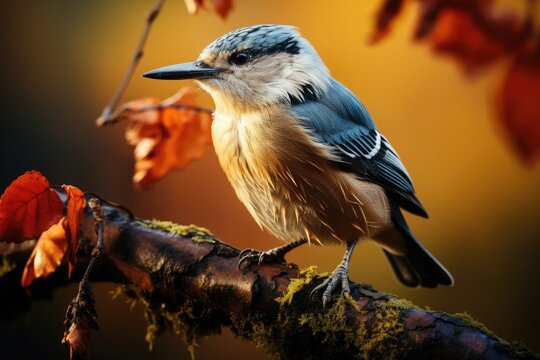 bird photography, a nuthatch climbing down on a tree, soft natural morning light, soft background with bokeh (AI Generator)