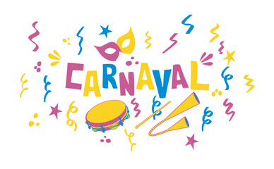 Carnival with mask, agogô and tambourine. Banner for holiday celebration and invitation for Brazilian carnival party. Vector illustration isolated on transparent background