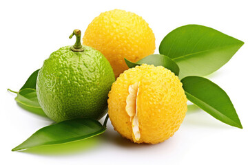 Ugli fruit with green leaves on white background