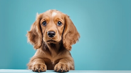 Happy English cocker spaniel  Puppy Dog sits on isolated on blue cyan background 