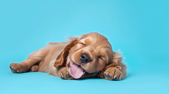 Happy English Cocker Spaniel Puppy Dog sleeping on isolated on blue cyan background 