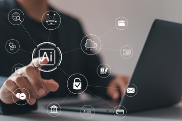 Ai tech, businessman touching working of Artificial Intelligence (AI) on virtual screen  for digital transformation change management. Using command prompt for generates something.