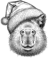 Vintage engraving isolated capybara set dressed christmas illustration rodent ink santa costume sketch. Gnawer background silhouette new year hat art. Black and white hand drawn image