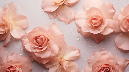 Background with peach-colored rose petals, flowers and water drops on a concrete background. Love, Valentine's Day, International Women's Day