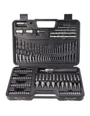 Black box with a tool with drills, heads isolated on a white background.