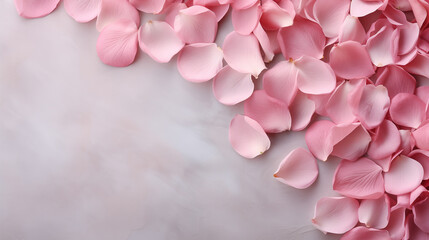 Fototapeta premium Beautiful background with pink rose petals on a gray concrete background. Romance, Love, Valentine's Day, International Women's Day.