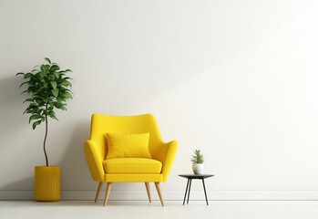 Loft style modern room with bright yellow armchair and small table. Plant in a vase over wooden floor and against plain white wall. Lofty living room interior design.