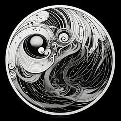 Abstract circle with wavy pattern in black and white colors. Surrealist style