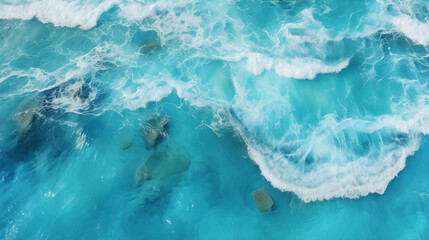 Top view of turquoise sea surface with ripples and waves - obrazy, fototapety, plakaty