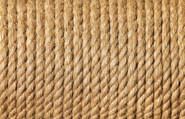 Jute rope in a skein close-up. Background of natural organic threads. Environmentally friendly Material for creativity. Made from the Corchorus capsularis plant.