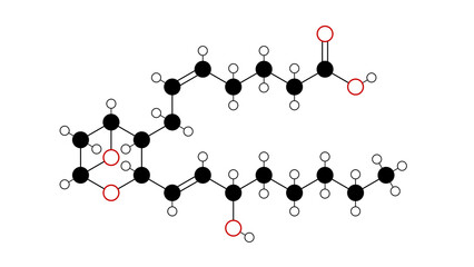 thromboxane a2 molecule, structural chemical formula, ball-and-stick model, isolated image thromboxane