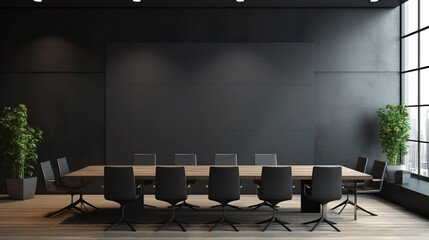Copy space partition with place for advertising poster or logo in modern interior design cenference room. spacious office hall with conference table, wooden floor and dark wall background Mock up.
Con - obrazy, fototapety, plakaty