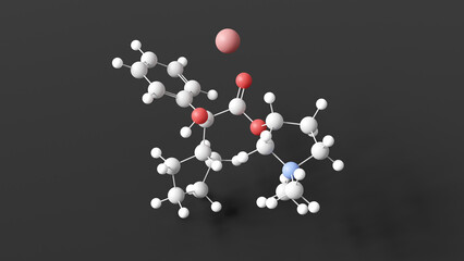 glycopyrronium bromide molecular structure, antimuscarinics, ball and stick 3d model, structural chemical formula with colored atoms