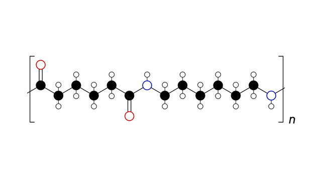 nylon 66 molecule, structural chemical formula, ball-and-stick model, isolated image polyamide