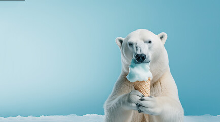 Obraz premium On a blue background, a polar bear holds ice cream in its paws and growls 