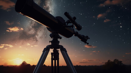Modern telescope on a tripod directed at stars in the sky for space exploration. Observation of...