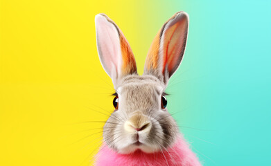 Creative animal concept, macro shot of cute bunny head over pastel background. 