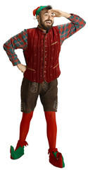 Cheerful joyful man in image of elf wearing traditional costume, standing isolated on transparent...