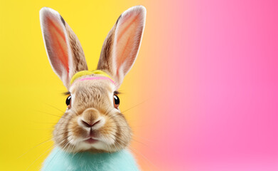 Creative animal concept, macro shot of cute bunny head over pastel background. 