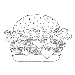 Juicy hamburger with the beef patty, cheese, salad, tomatoes, cucumbers, onions. Coloring page.
.