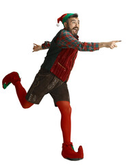 Cheerful joyful man in image of elf wearing traditional costume, running isolated on transparent...