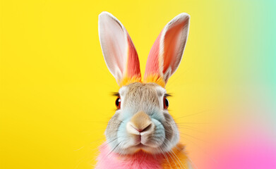 Creative animal concept, macro shot of cute bunny head over pastel background. 
