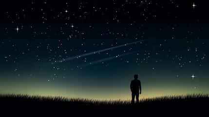 Silhouette of a man on the street against the backdrop of bright stars in the sky.