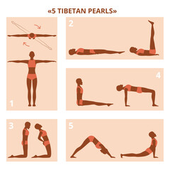 Tibetan health improving gymnastic complex. 5 Tibetan pearls rite, yoga exercises. Educational instructions for stretching and strengthening back, legs, arms, abdominal muscles. Vector illustration.