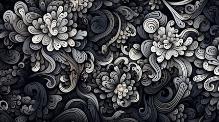 Abstract floral pattern in black and white colors - obrazy, fototapety, plakaty