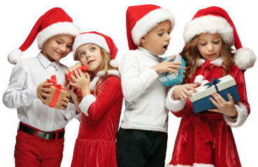 Happy little children, boys and girls celebrating holiday, receiving presents isolated on transparent background. Concept of winter holidays, Christmas and New Year, celebration, merry time