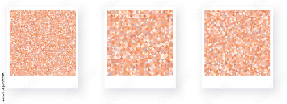 Poster set of picture cards with small triangles geometric pattern. network polygonal trendy peach fuzz col