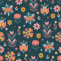 Seamless pattern of stylized flowers on a dark green background. Vector graphics.