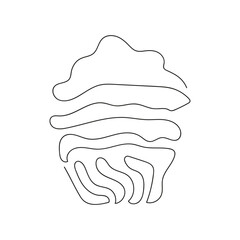 Continuous one line drawing of cupcake. Simple line art of muffin with wavy frosting. Black and white vector illustration in one line style. Design element for postcard, print, banner, poster textile